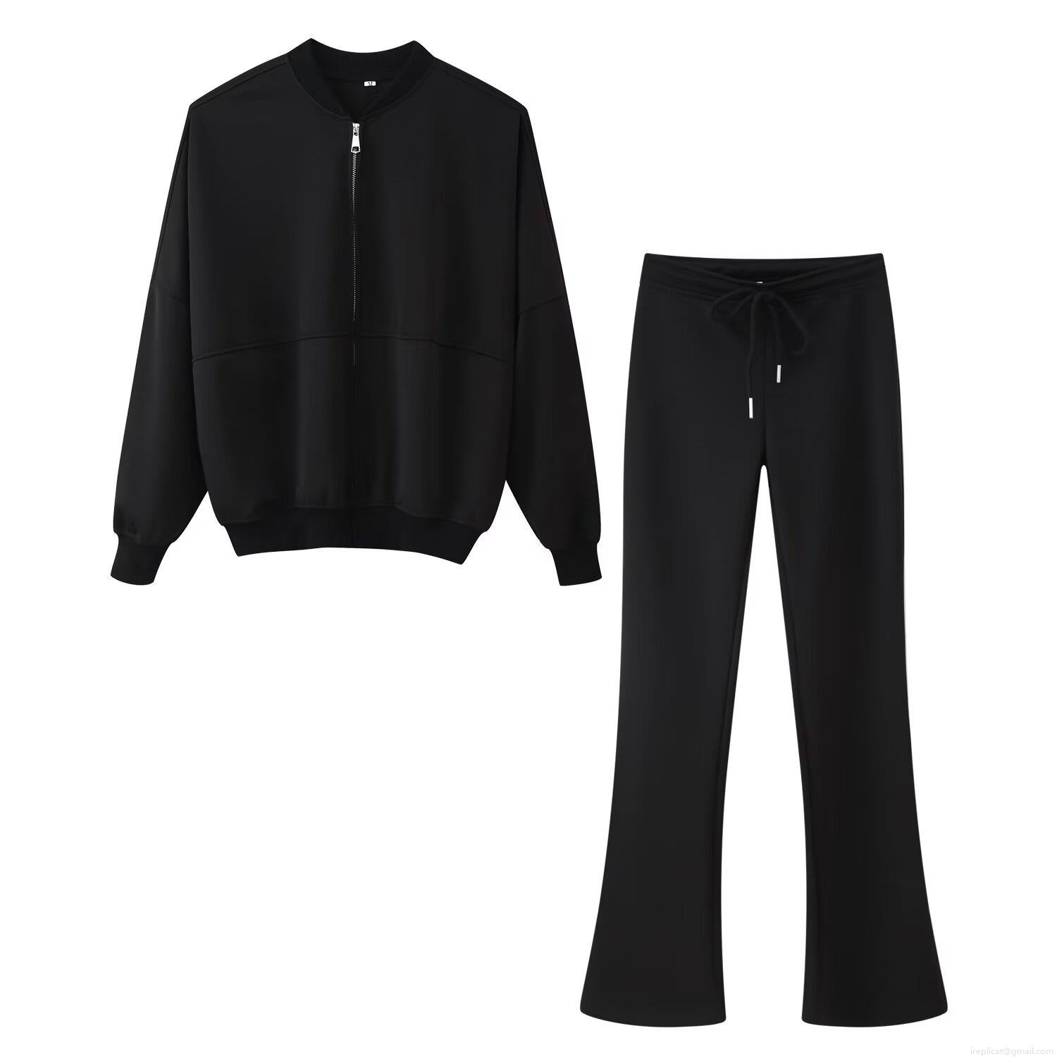 Women's 2 Piece Casual Outfits Polyester Zip Up Stand Collar Loose Jacket and High Waist Flared Pants Set Streetwear Autumn Sporty Tracksuit