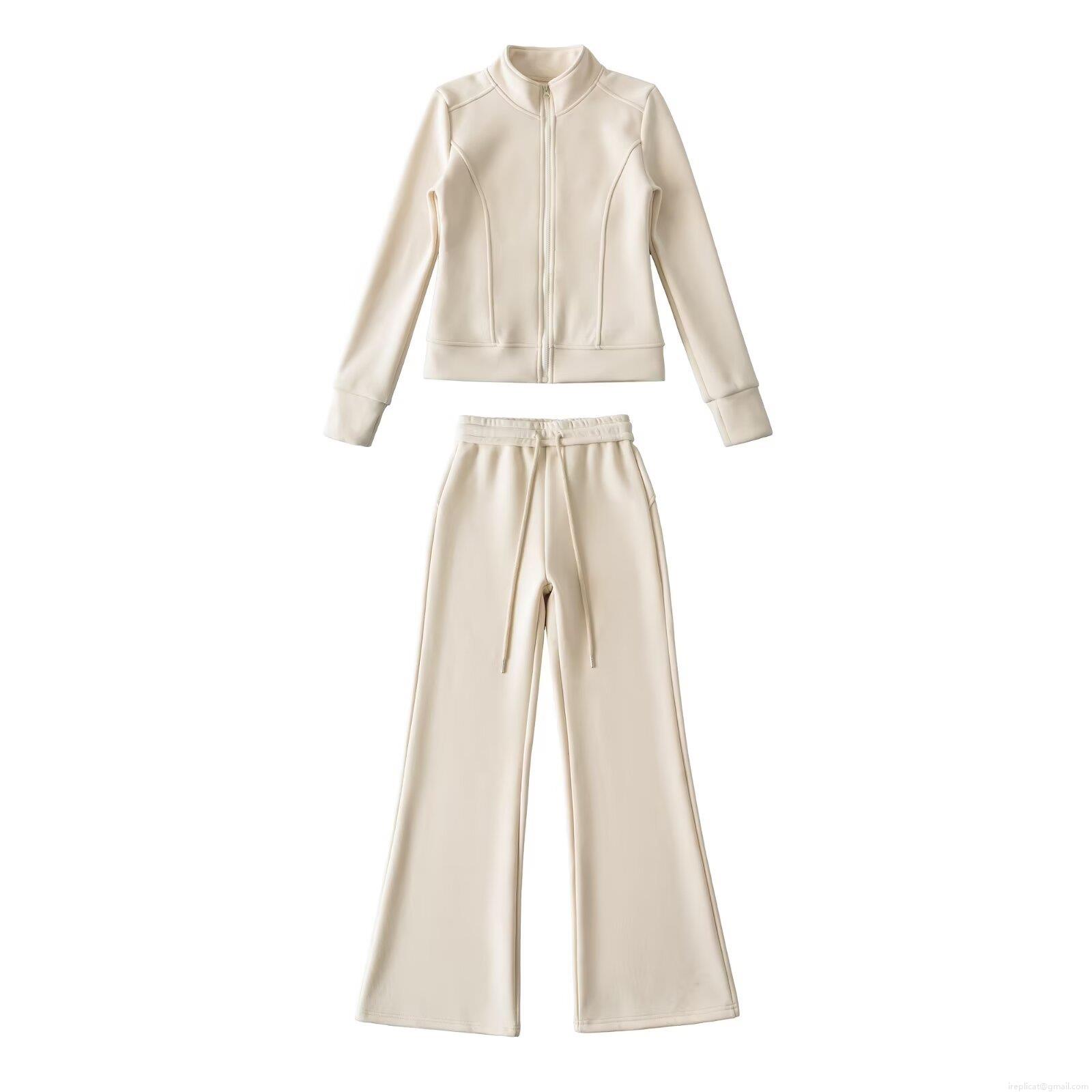 Women's 2-Piece Fleece Lined Tracksuit Set Solid Color Stand Collar Zipper Jacket and High Waist Wide Leg Sweatpants Casual Sporty Loungewear Outfits