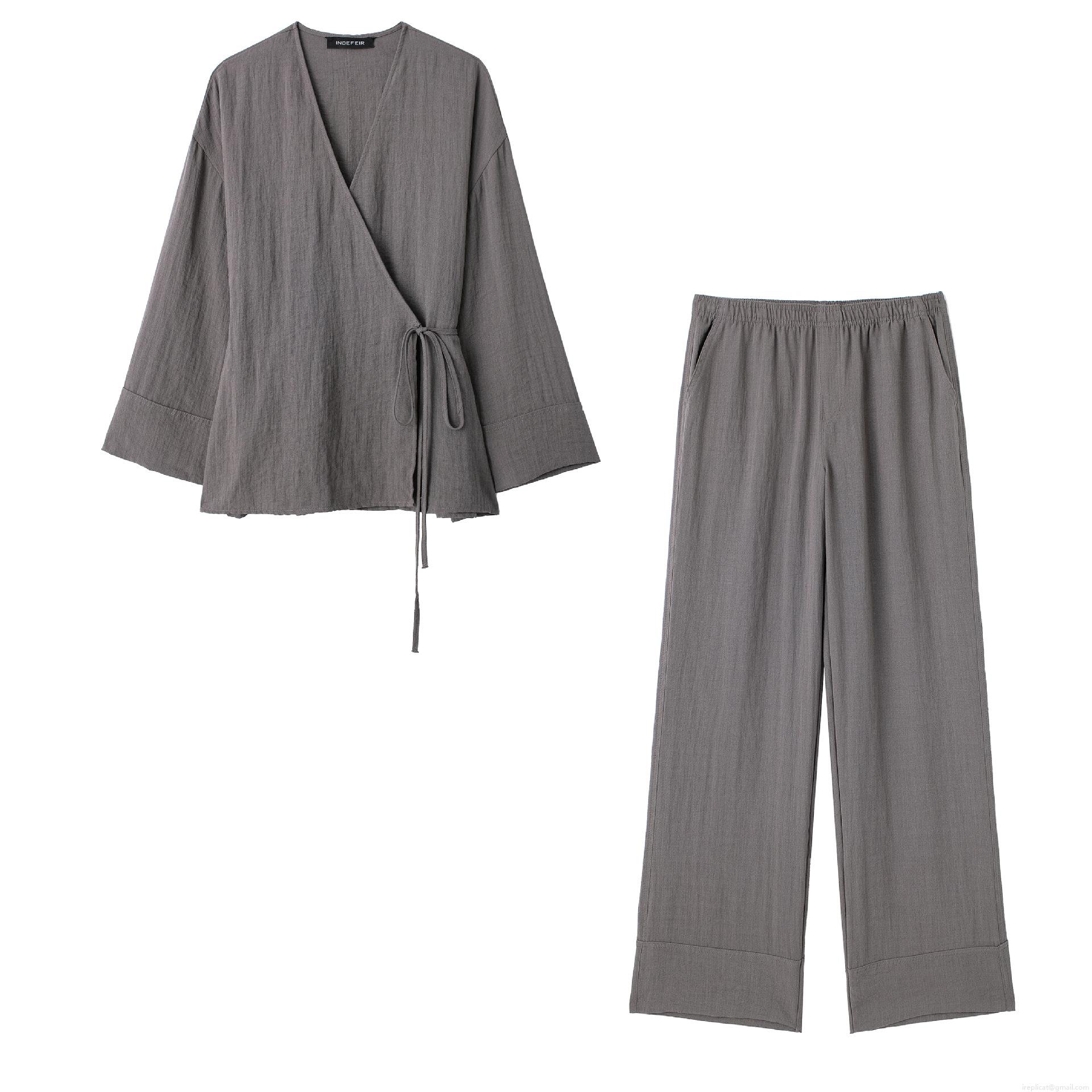 Women Casual Cotton Linen Kimono Wrap Top And Wide Leg Pants Two Piece Set Solid Color Minimalist Loungewear Long Sleeve Tied Waist High Rise Trousers Streetwear Outfits