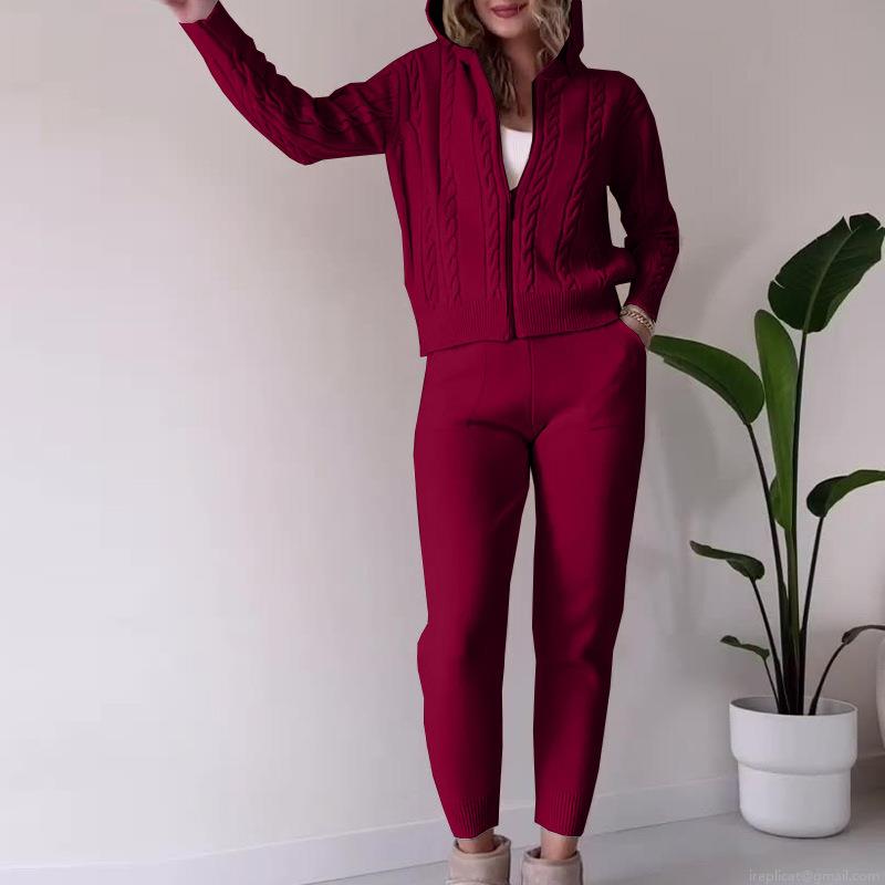 Women's Cable Knit Loungewear Set Hooded Zip-up Cardigan and Matching Pants Two Piece Sweater Suit Winter Casual Homewear Cozy Soft Knit Outfits