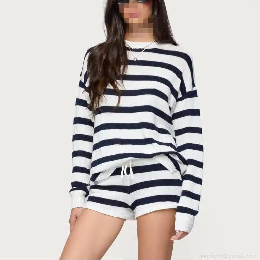 Women's Striped Knit Two-Piece Set Crew Neck Long Sleeve Sweater And Drawstring Shorts Casual Color Block Lounge Outfits Vacation Knitwear Set