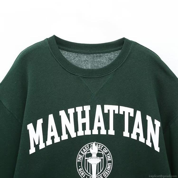Women Fashion Dark Green Tracksuit Set Cotton Blend Manhattan Letter Print Long Sleeve Round Neck Sweatshirt And Matching Jogger Pants Loungewear Suits