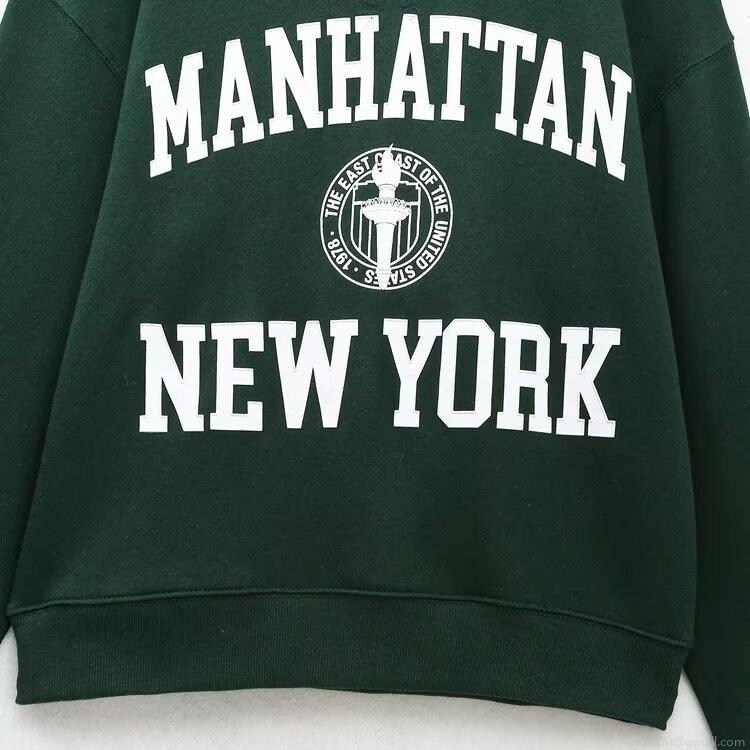 Women Fashion Dark Green Tracksuit Set Cotton Blend Manhattan Letter Print Long Sleeve Round Neck Sweatshirt And Matching Jogger Pants Loungewear Suits