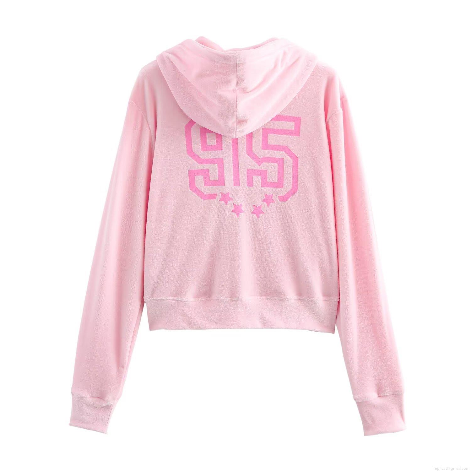 Women's Pink Velour Tracksuit Set Fashion Zip Up Hooded Sweatshirt and Drawstring Flare Leg Pants Two Piece Casual Loungewear Outfits for Women