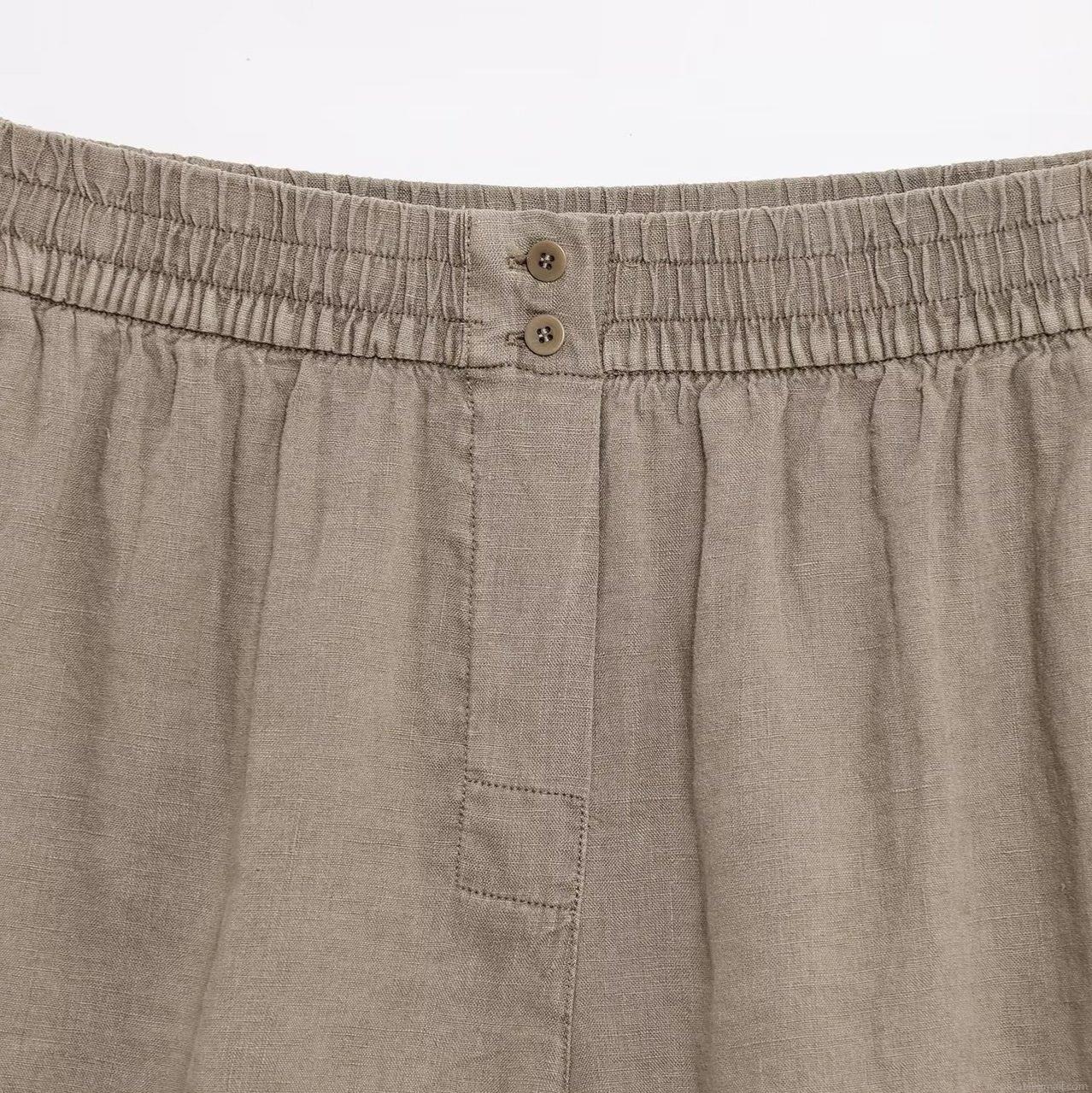 Women's Casual Linen Blend Separates Long Sleeve V Neck Button Down Shirt Or High Waist Elastic Shorts Summer Loungewear Suit