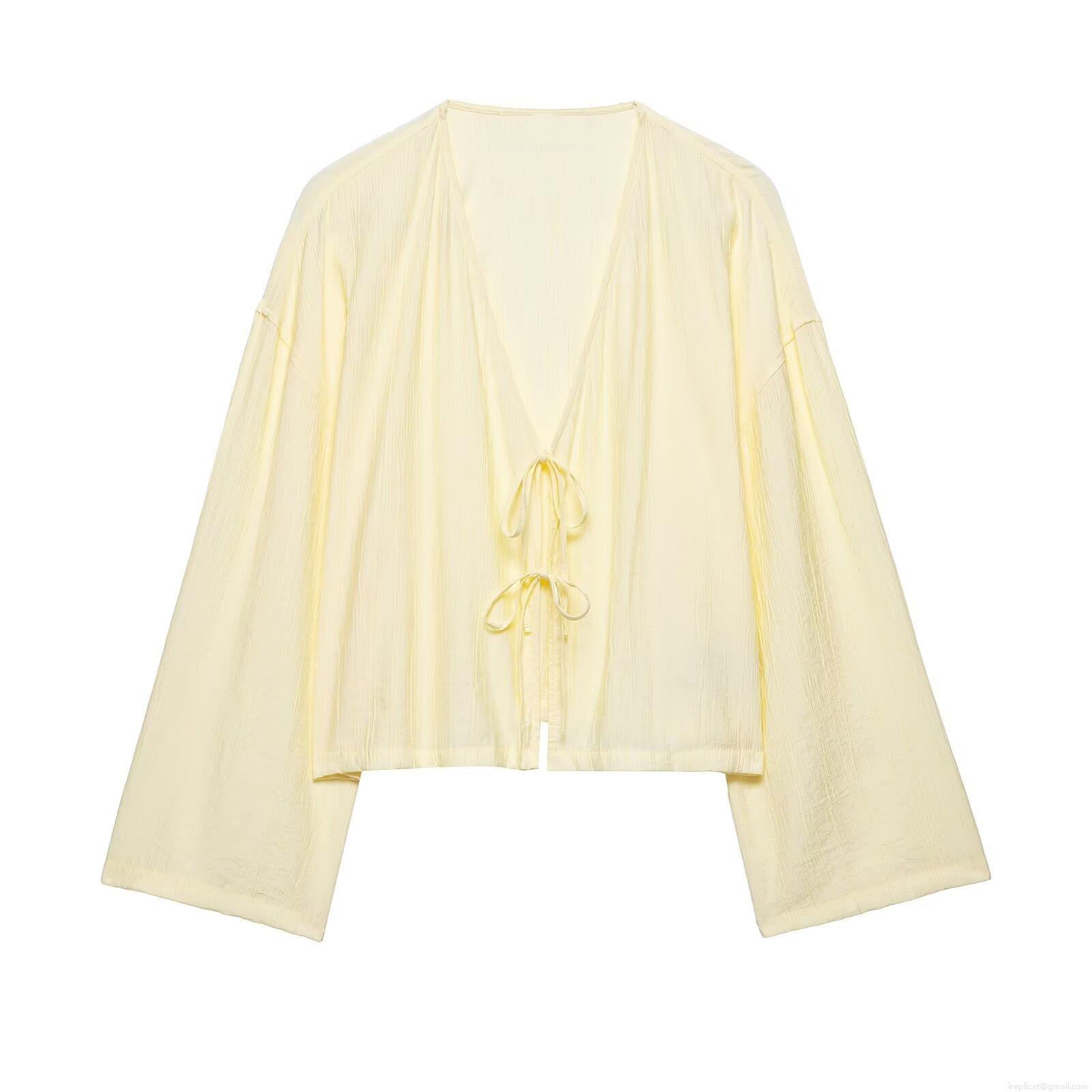 Women's 2-Piece Loungewear Set Pleated Texture Kimono Style Tie-Front Long Sleeve Top And Drawstring Waist Shorts Casual Summer Lightweight Outfit