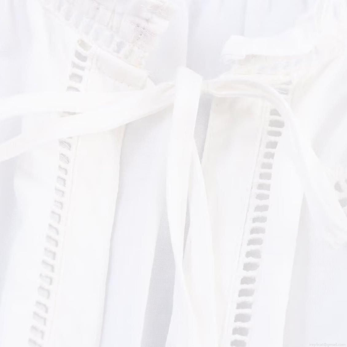 Women's Bohemian Hollow Out Embroidery Two Piece Set 85% Cotton Lace-up V-Neck Short Sleeve Blouse And Elastic Waist A-Line Midi Skirt Sweet White Casual Outfit