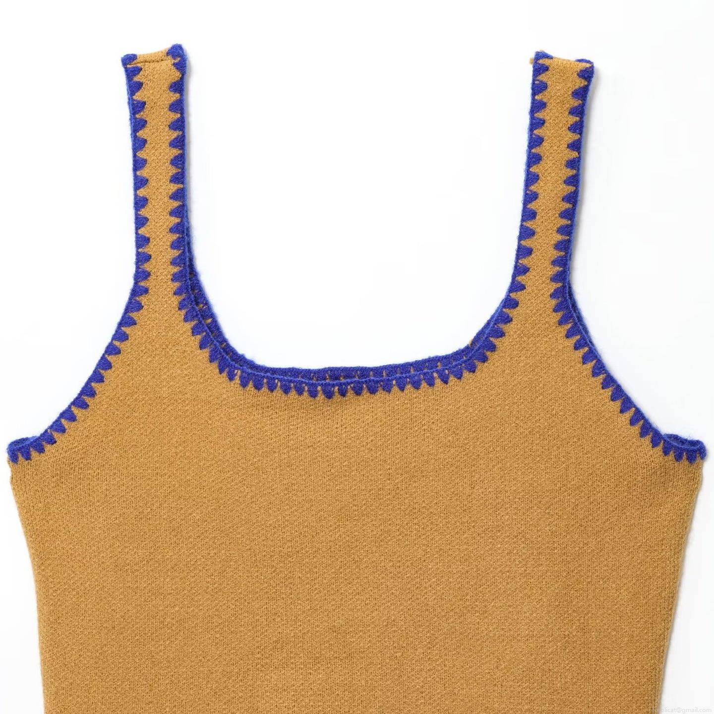 Women's Casual Knitted Two-Piece Set Contrast Crochet Wave Trim Button Cardigan and Camisole Vest Autumn Outfits Knitted Sweater Set for Women