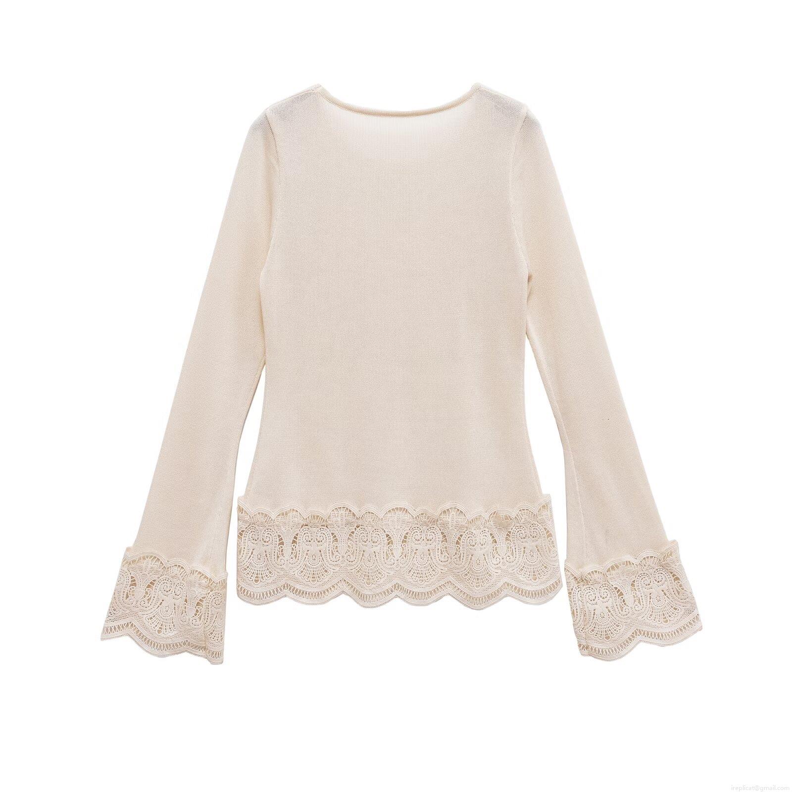 Women Elegant Cream Knit Loungewear Set French Vintage Lace Patchwork Long Sleeve Round Neck Top and High Waist Long Pants 2 Piece Casual Home Suit