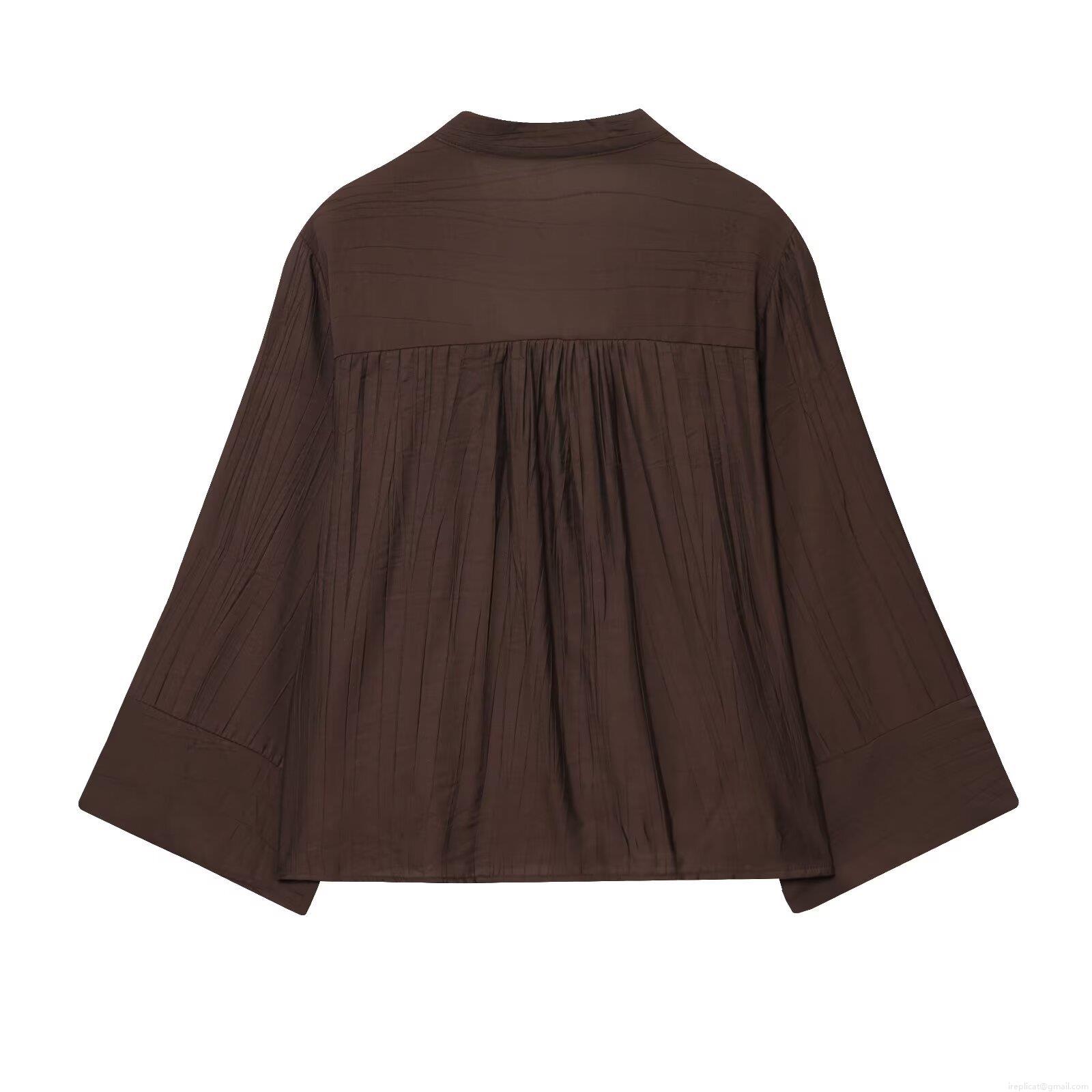 Women's Pleated Two-Piece Set V-Neck Long Sleeve Shirt And Wide-Leg Pants Polyester Blend Casual Loungewear High Waist Drawstring Trousers Fall Fashion