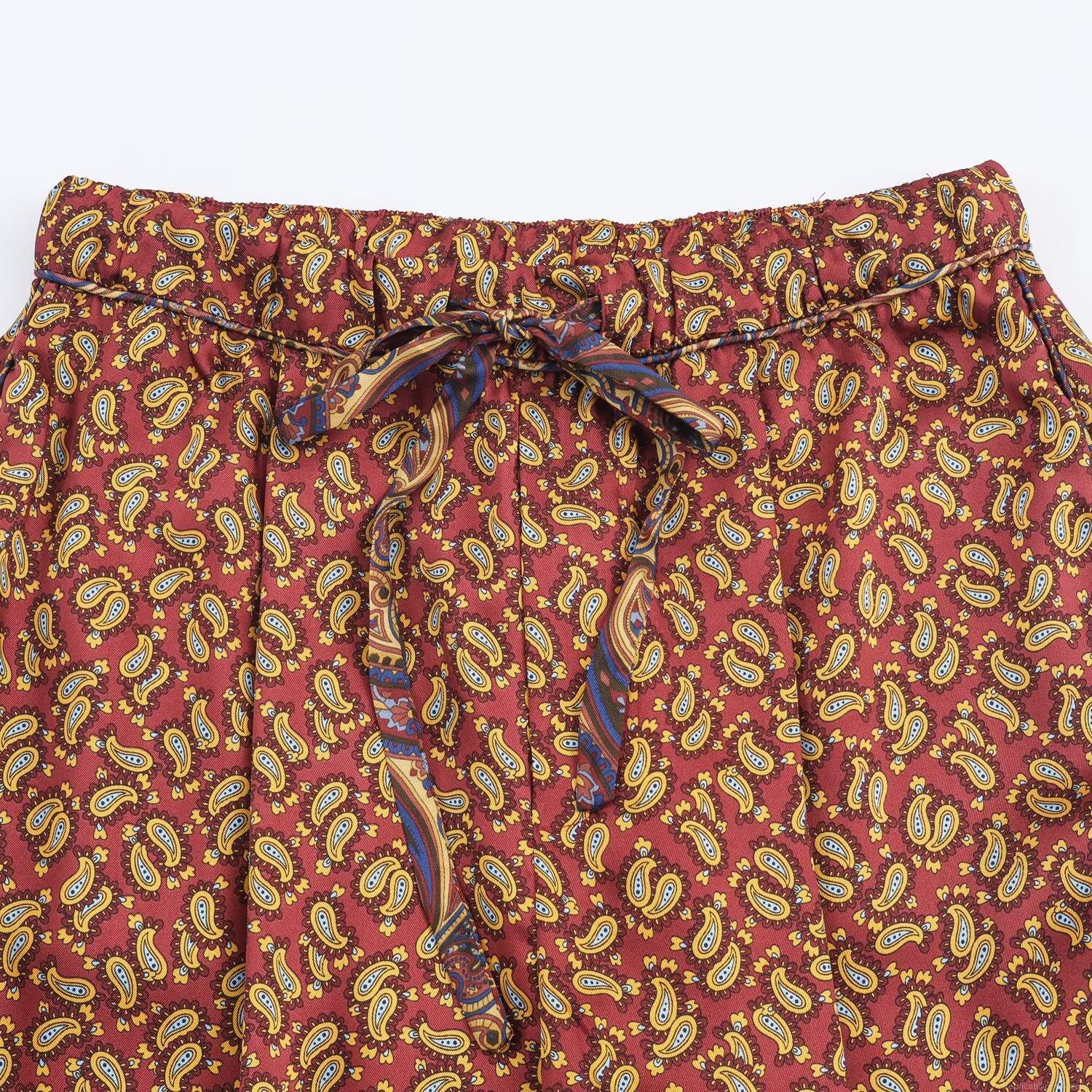 Women's Retro Paisley Print Satin Shirt And Pants Set Casual Long Sleeve Button Up Top And Elastic Waist Trousers Bohemian Style Loungewear Co-ord
