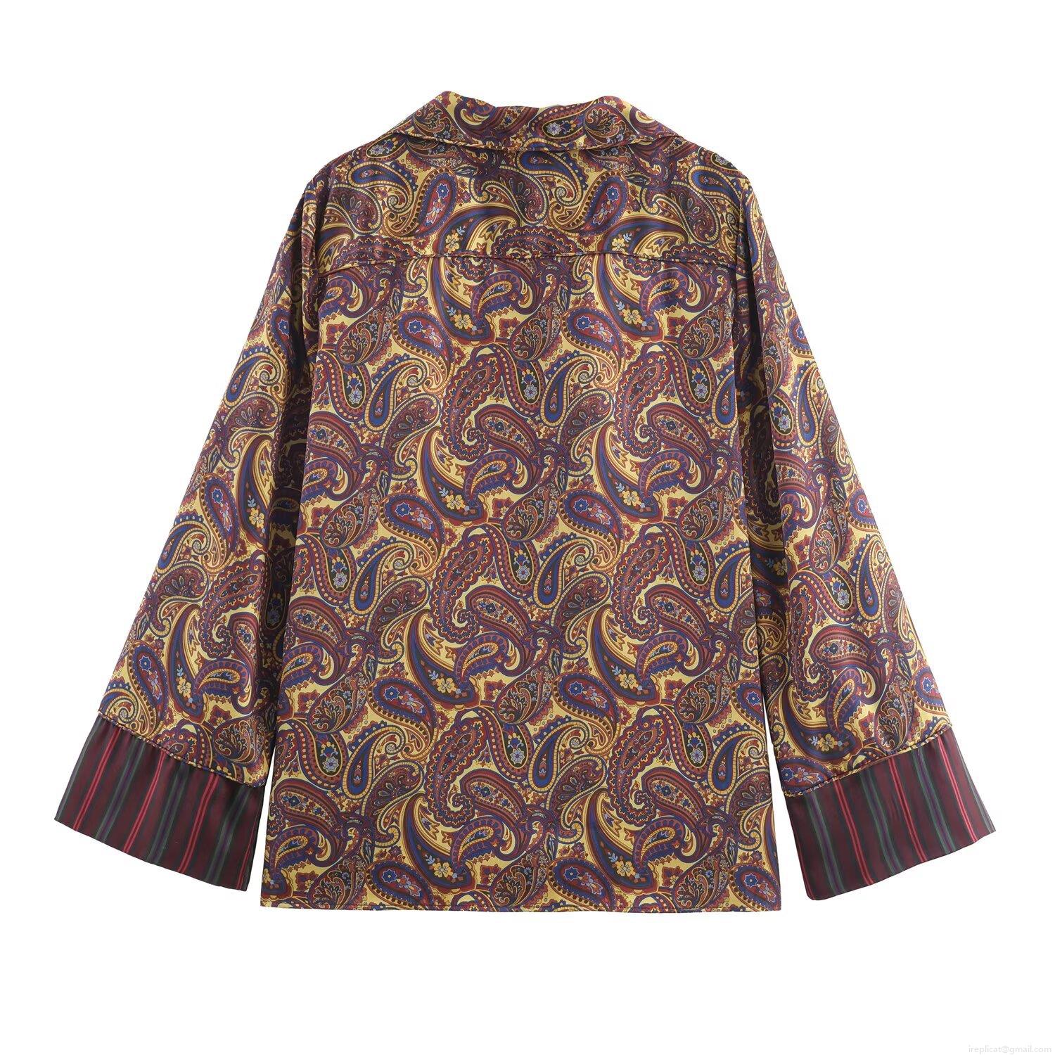 Women's Retro Paisley Print Satin Shirt And Pants Set Casual Long Sleeve Button Up Top And Elastic Waist Trousers Bohemian Style Loungewear Co-ord