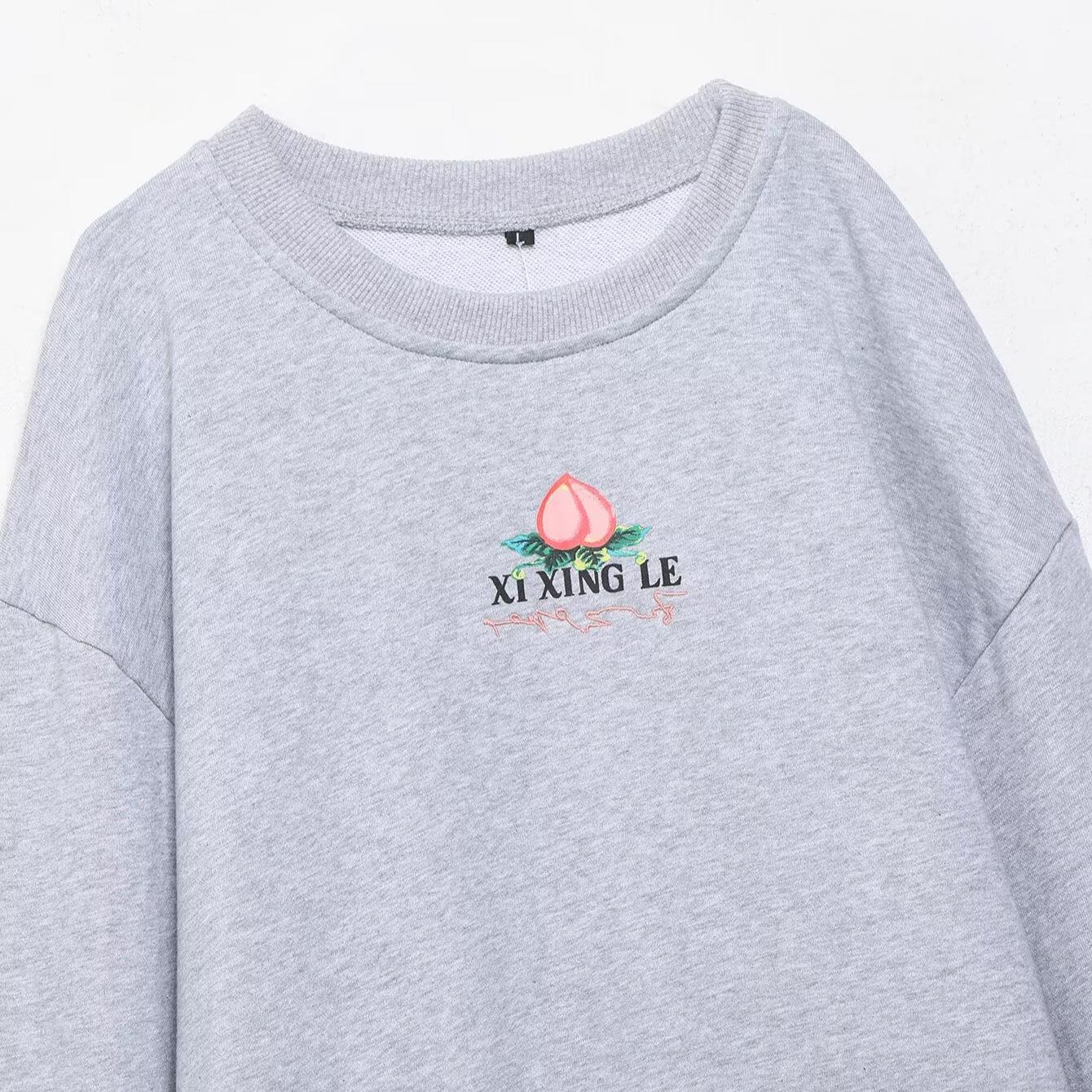 Women's Casual Fleece Sweatshirt And Sweatpants Two Piece Set Embroidered Peach Letter Print Loose Loungewear Outfits For Autumn Winter