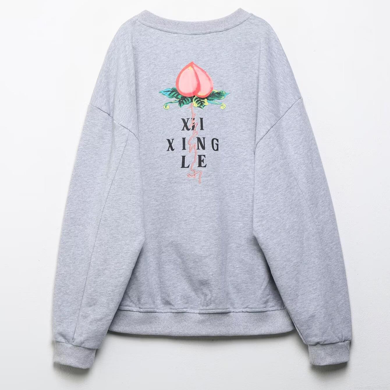 Women's Casual Fleece Sweatshirt And Sweatpants Two Piece Set Embroidered Peach Letter Print Loose Loungewear Outfits For Autumn Winter