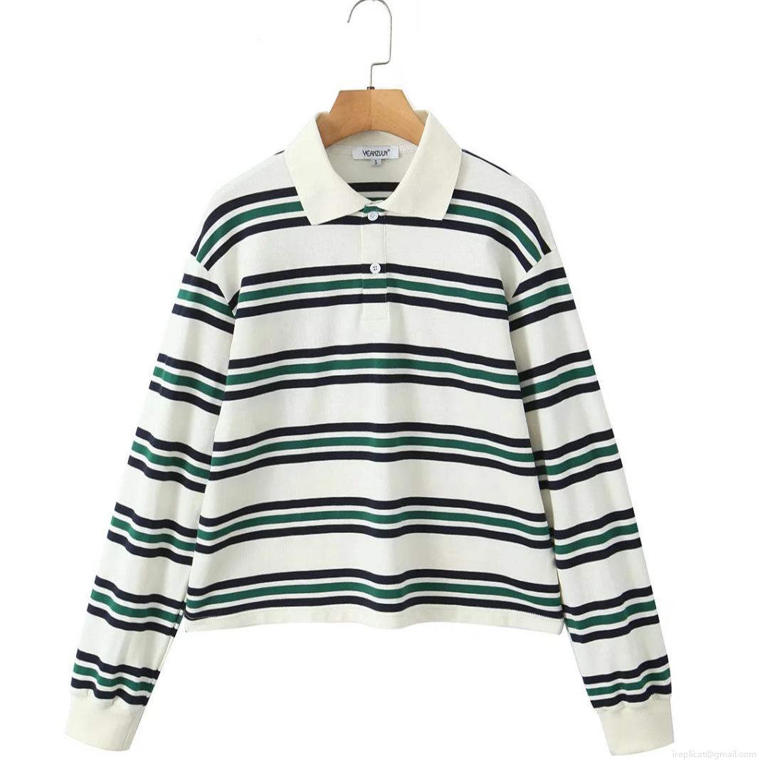 Women's Casual Striped Polo Shirt And Pleated Mini Skirt Set Contrast Color Short Long Sleeve Top Double Layered High Waist Skort Preppy Style Streetwear Polyester Spandex