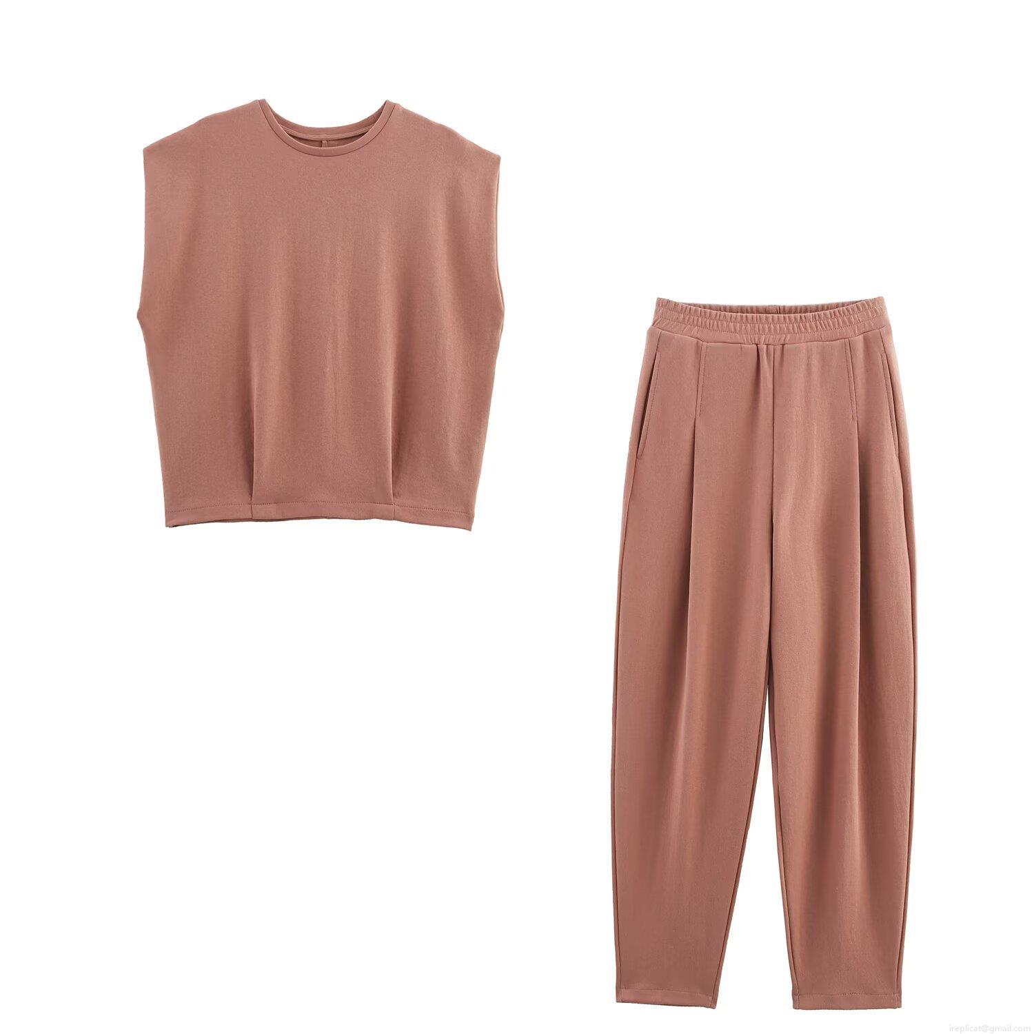 Women Washed Two Piece Loungewear Set Sleeveless Round Neck Padded Shoulder Top And High Waist Pleated Pants Streetwear Casual Solid Color Tracksuit