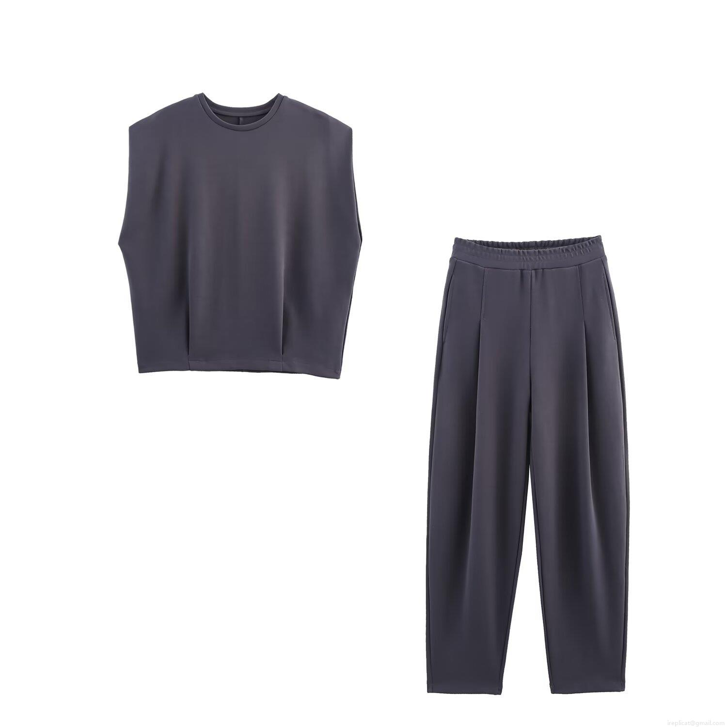 Women Washed Two Piece Loungewear Set Sleeveless Round Neck Padded Shoulder Top And High Waist Pleated Pants Streetwear Casual Solid Color Tracksuit