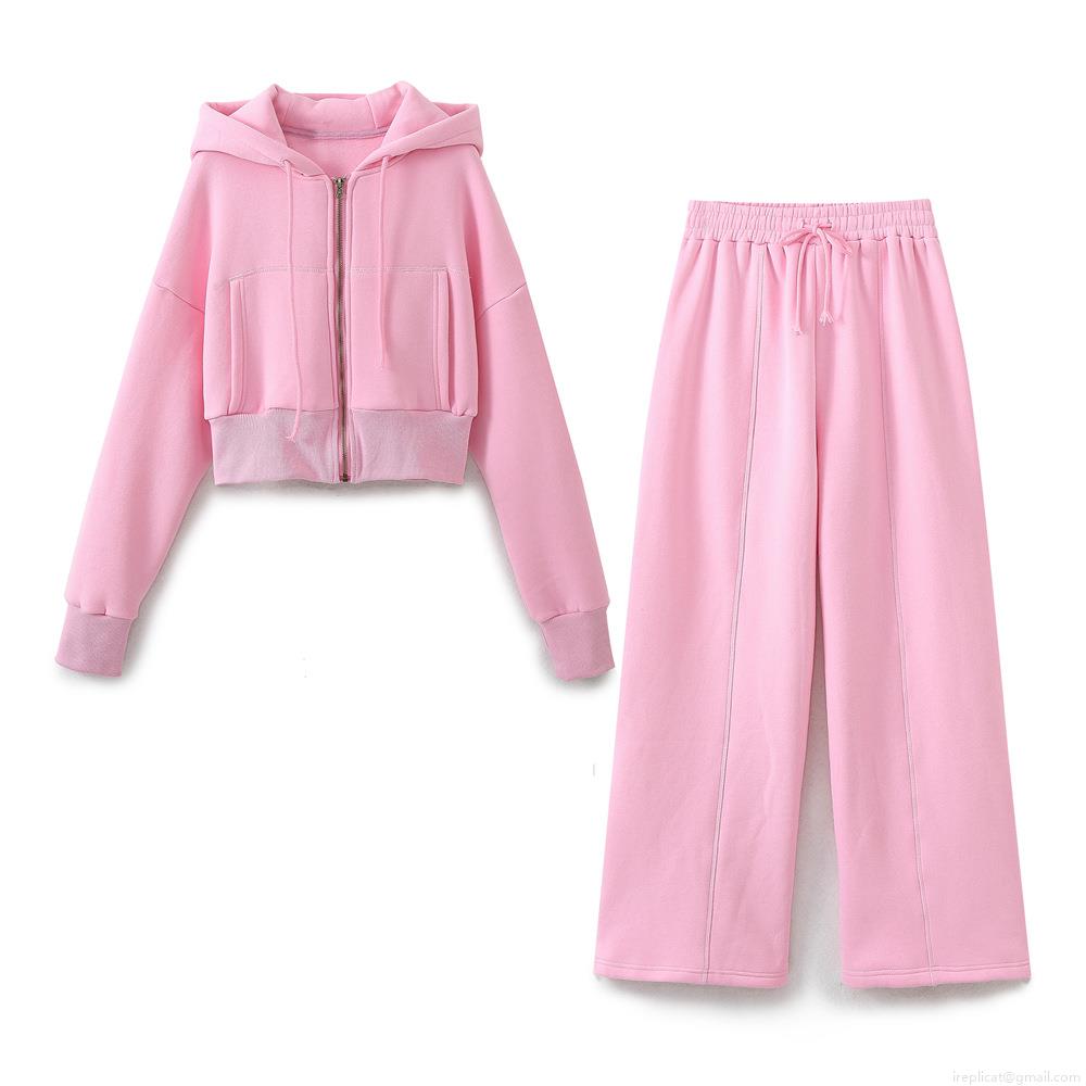 Women's Casual Cotton Blend Two Piece Set Hooded Zip Up Cropped Sweatshirt And Wide Leg Pants Set Solid Color Loungewear Tracksuit For Women
