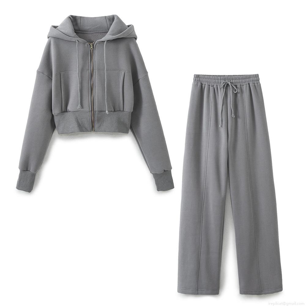 Women's Casual Cotton Blend Two Piece Set Hooded Zip Up Cropped Sweatshirt And Wide Leg Pants Set Solid Color Loungewear Tracksuit For Women
