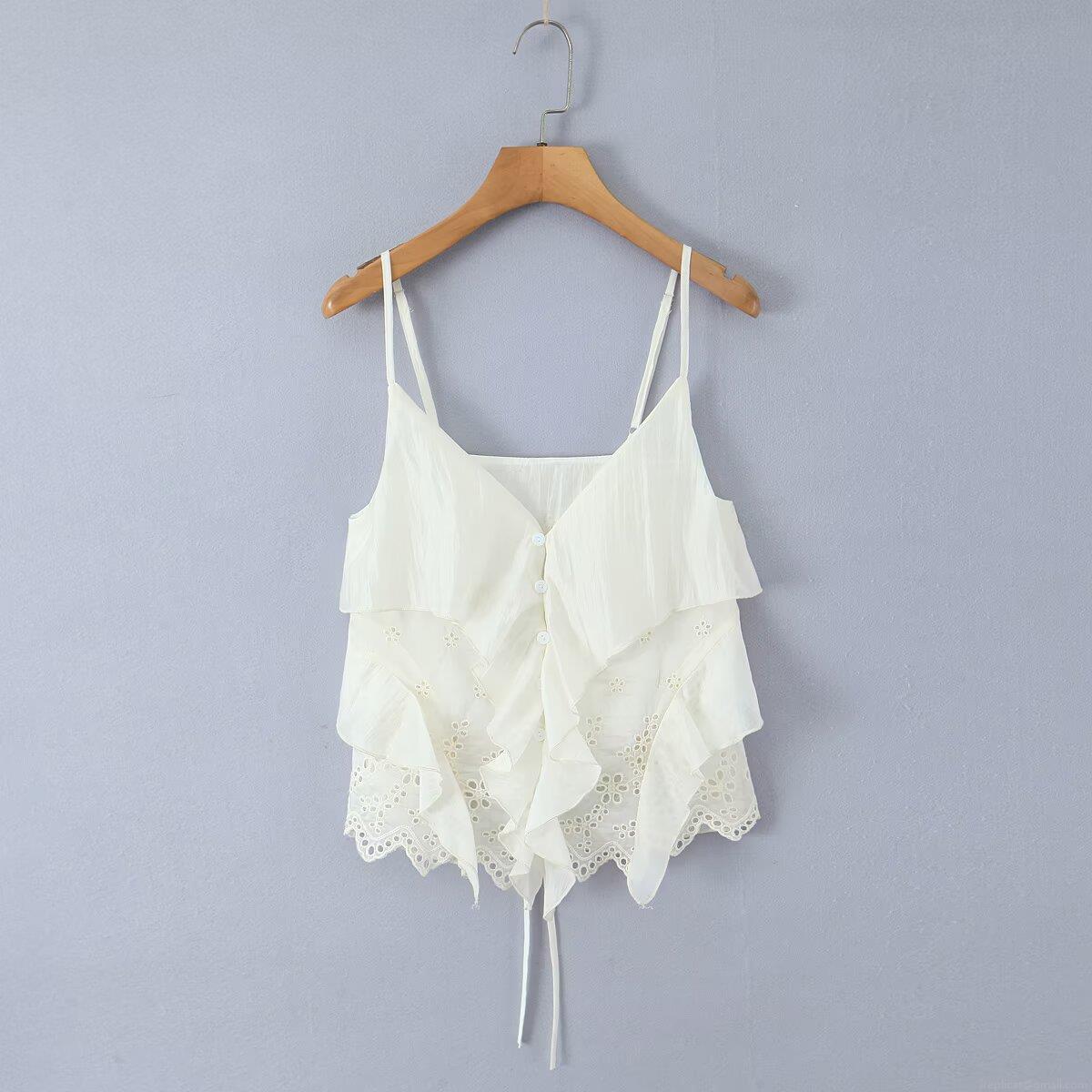 Women's Summer 2 Piece Set Ruffle V-Neck Camisole And Lace Trim Lantern Pants Casual French Bohemian Streetwear Sleeveless Top Loose Trousers Outfit