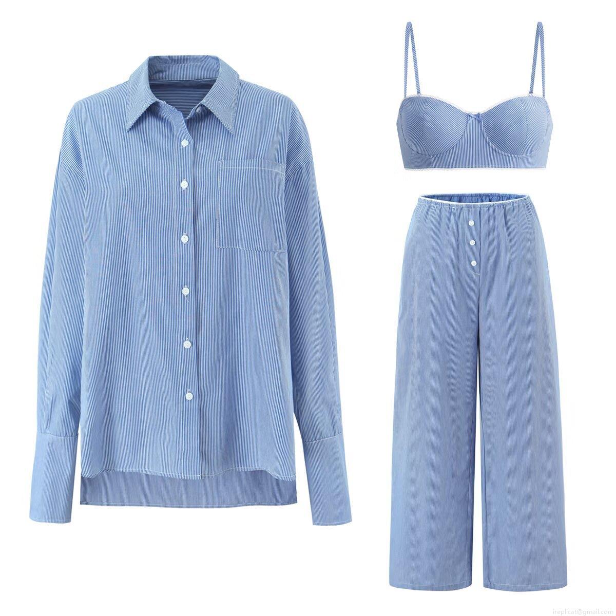 Women's 100% Cotton Striped Loungewear Set 3-Piece Casual Summer Pajama Suit With Long Sleeve Button Shirt Camisole Shorts And Wide Leg Pants For Women Nightwear