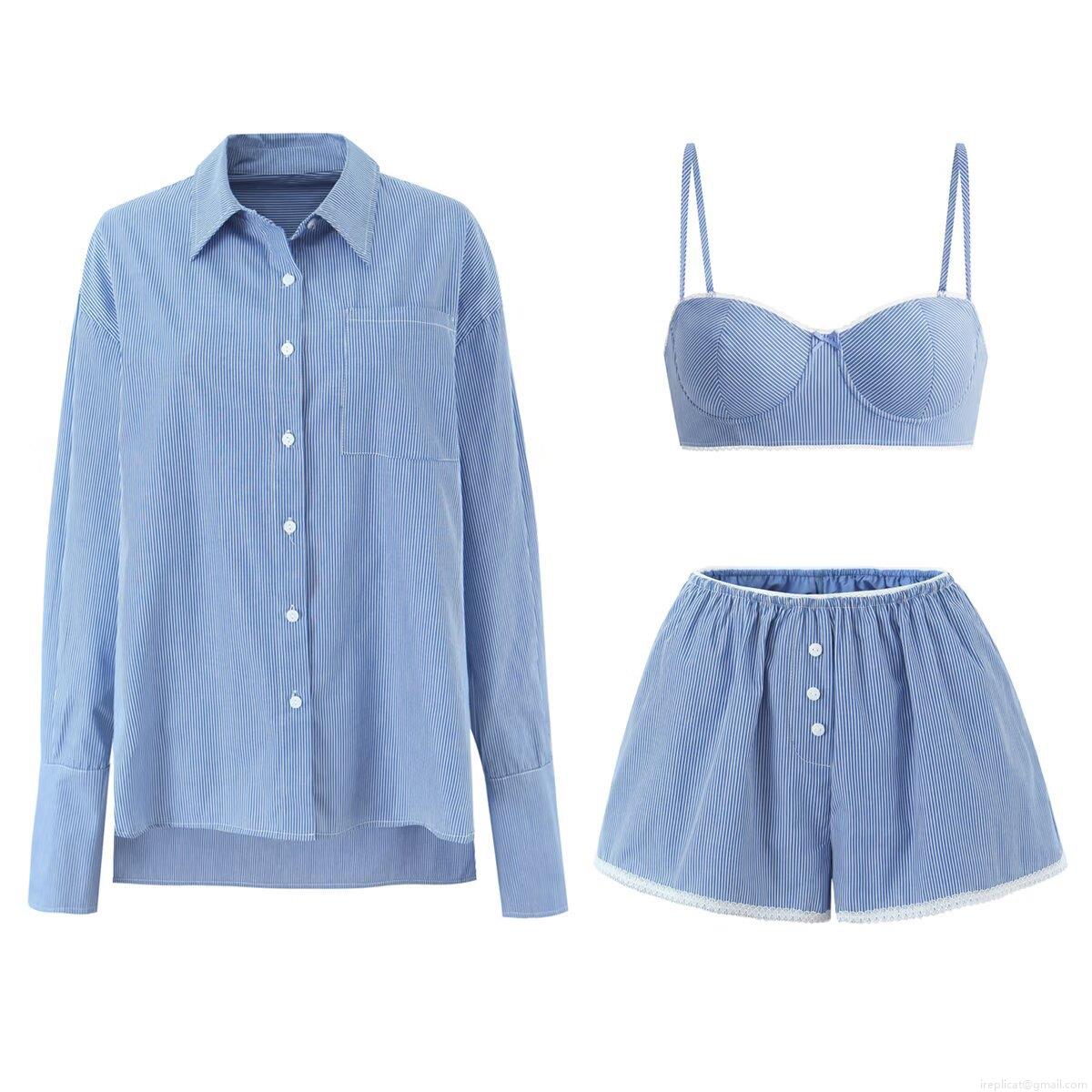 Women's 100% Cotton Striped Loungewear Set 3-Piece Casual Summer Pajama Suit With Long Sleeve Button Shirt Camisole Shorts And Wide Leg Pants For Women Nightwear
