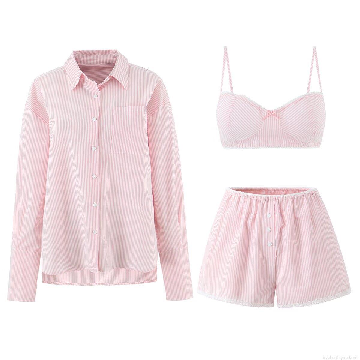 Women's 100% Cotton Striped Loungewear Set 3-Piece Casual Summer Pajama Suit With Long Sleeve Button Shirt Camisole Shorts And Wide Leg Pants For Women Nightwear