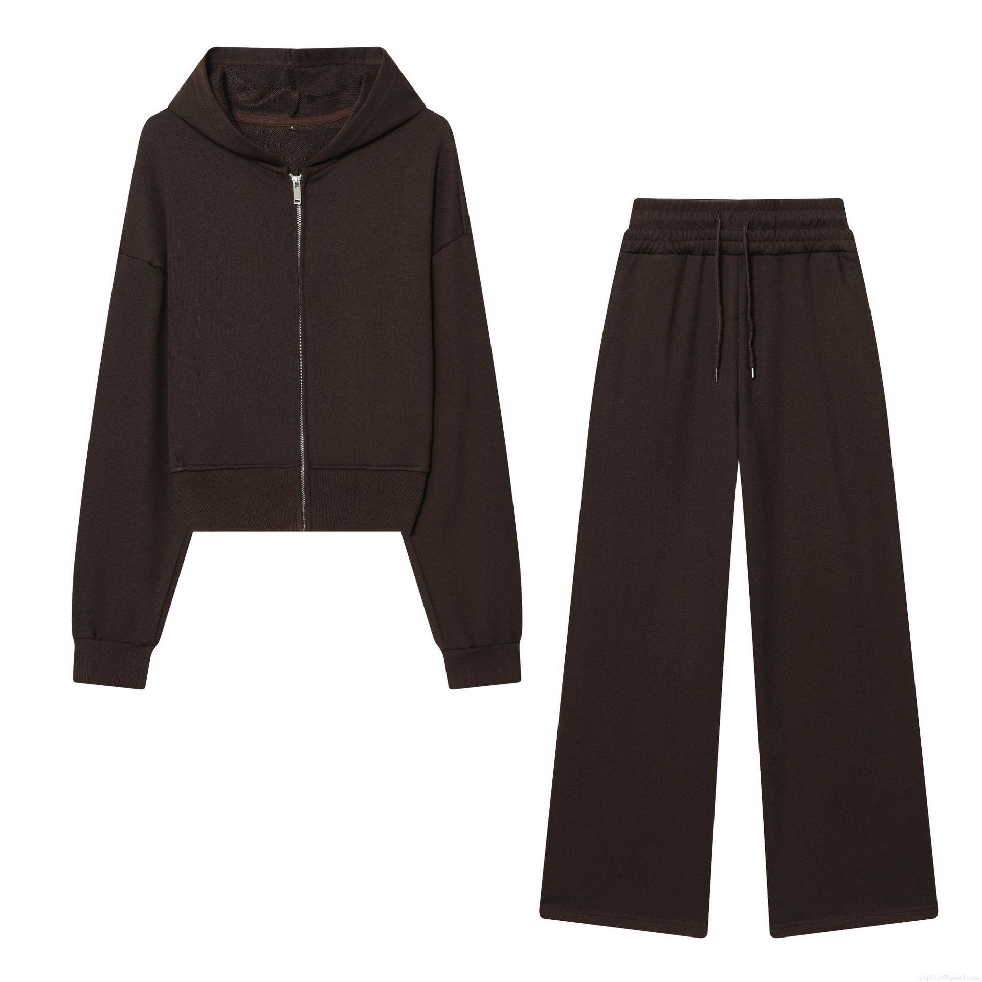 Women's Casual Cotton Blend Hooded Cropped Sweatshirt and Straight Leg Pants Set Fashion Solid Color Zip Up Hoodie Two Piece Loungewear For Women Streetwear
