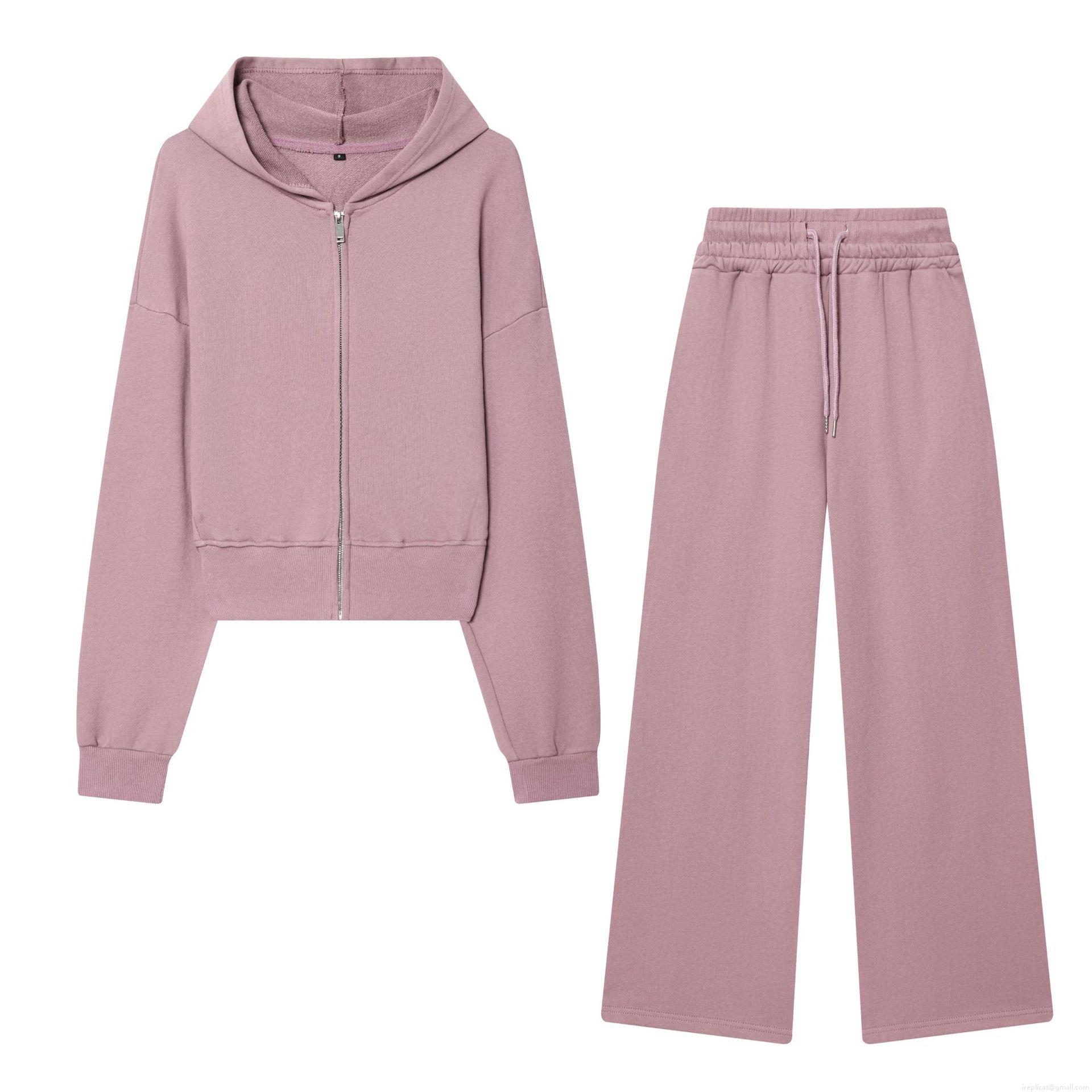 Women's Casual Cotton Blend Hooded Cropped Sweatshirt and Straight Leg Pants Set Fashion Solid Color Zip Up Hoodie Two Piece Loungewear For Women Streetwear