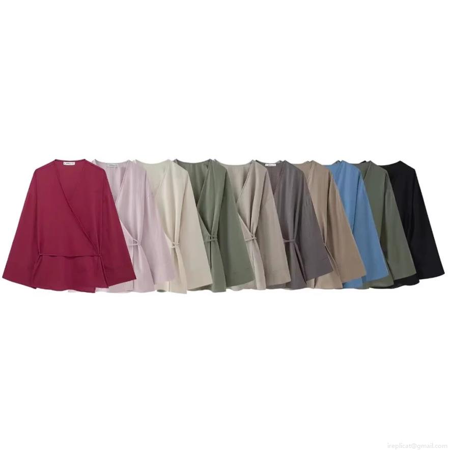 Women's 2 Piece Casual Loungewear Set Japanese Style Wrap Tie V Neck Long Sleeve Top and Wide Leg Pants Soft Solid Color Summer Vacation Outfit