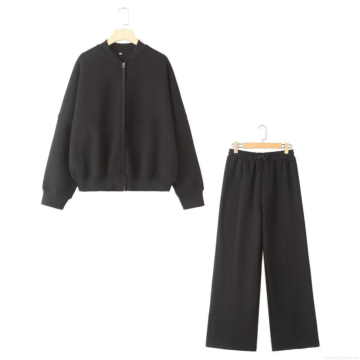 Women's Two Piece Fleece Lined Tracksuit Zip Up Stand Collar Sweatshirt And High Waist Wide Leg Pants Set Solid Casual Loungewear For Winter Autumn