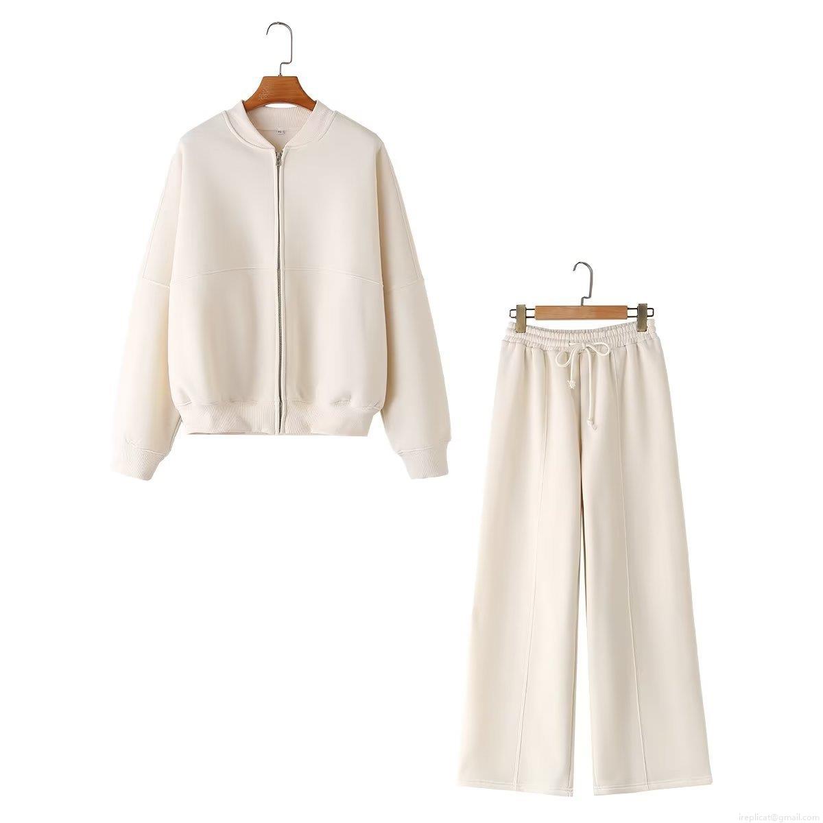 Women's Two Piece Fleece Lined Tracksuit Zip Up Stand Collar Sweatshirt And High Waist Wide Leg Pants Set Solid Casual Loungewear For Winter Autumn