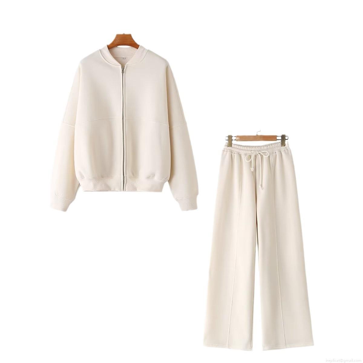Women's Two Piece Fleece Lined Tracksuit Zip Up Stand Collar Sweatshirt And High Waist Wide Leg Pants Set Solid Casual Loungewear For Winter Autumn