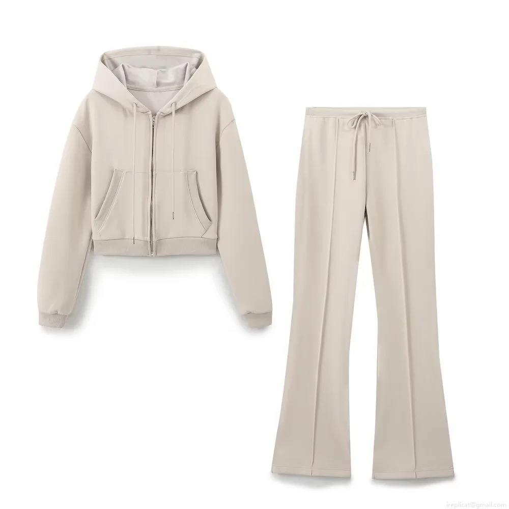 Women's Casual 2 Piece Sportswear Set Hooded Crop Zipper Sweatshirt Top and High Waist Flare Pants Loungewear Tracksuit Outfits
