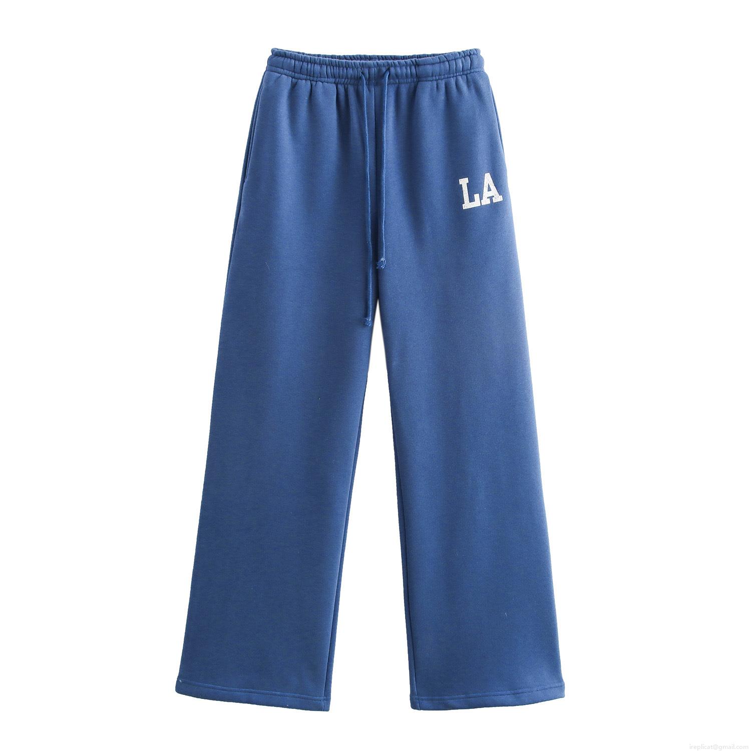 Women's Casual Cotton Blend Two Piece Set Half Zip Stand Collar Sweatshirt And Wide Leg Sweatpants Distressed Letter LA Print Loungewear Tracksuit For Women