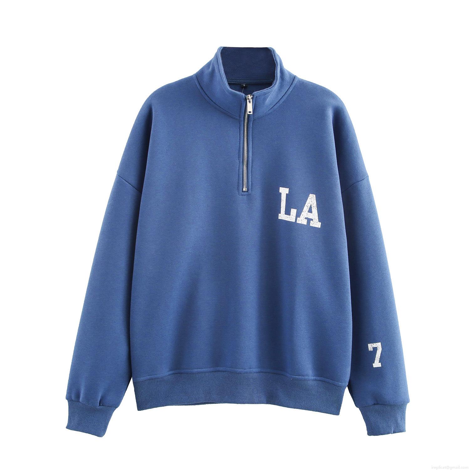 Women's Casual Cotton Blend Two Piece Set Half Zip Stand Collar Sweatshirt And Wide Leg Sweatpants Distressed Letter LA Print Loungewear Tracksuit For Women