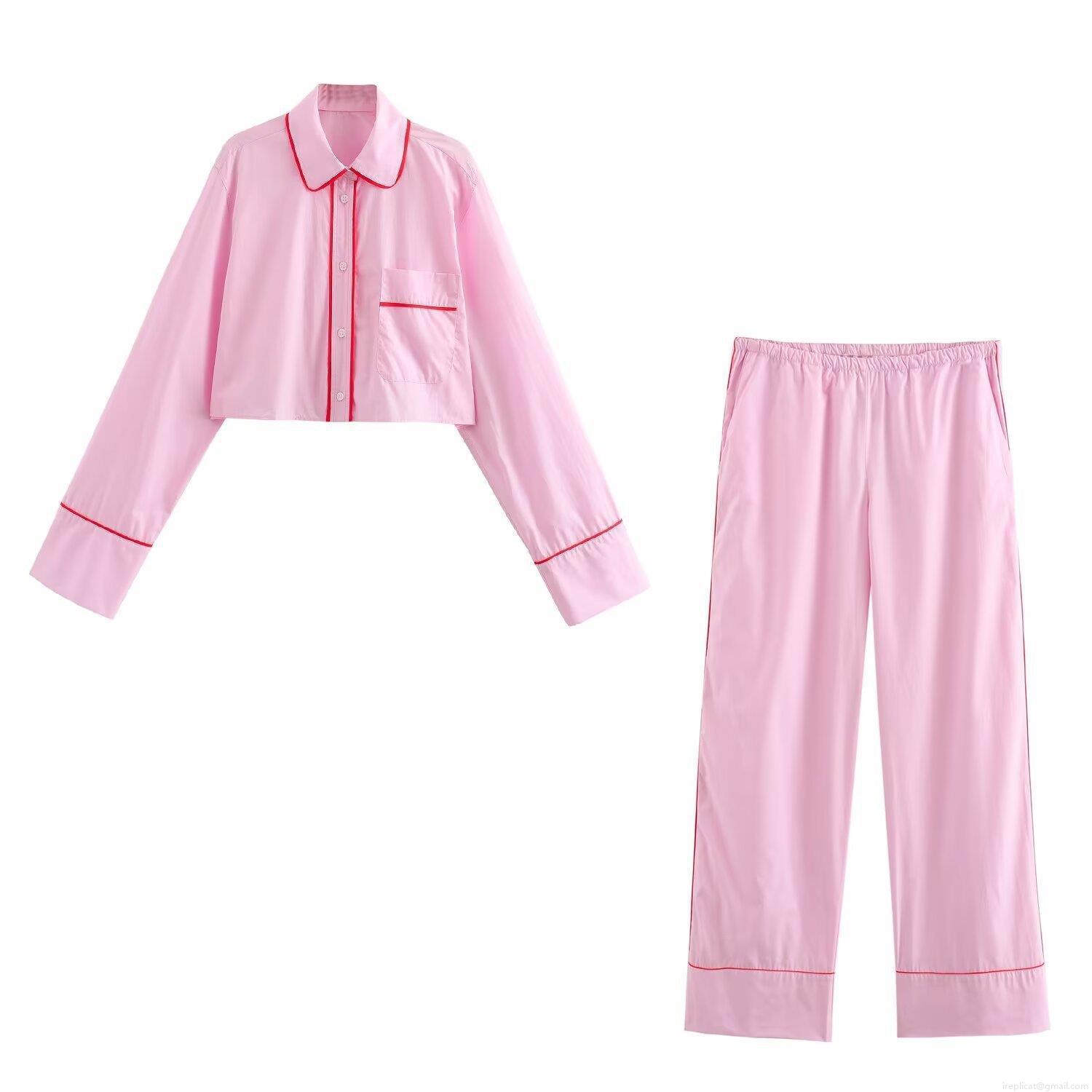 Women's Casual Pink Loungewear Set Contrast Piping Poplin Long Sleeve Cropped Shirt And High Waisted Straight Pants Pajama Set Fashion Streetwear Two Piece Set