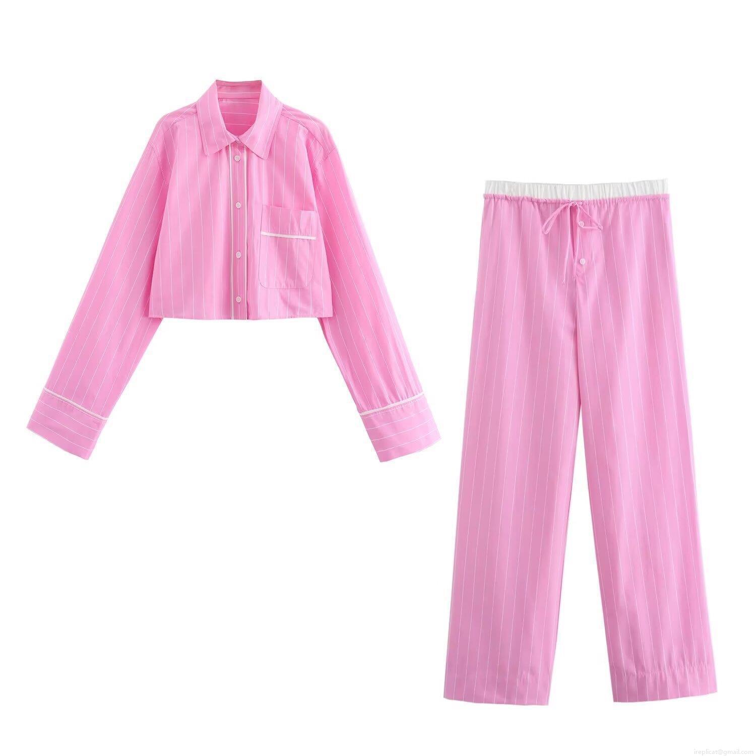 Women's Casual Pink Loungewear Set Contrast Piping Poplin Long Sleeve Cropped Shirt And High Waisted Straight Pants Pajama Set Fashion Streetwear Two Piece Set