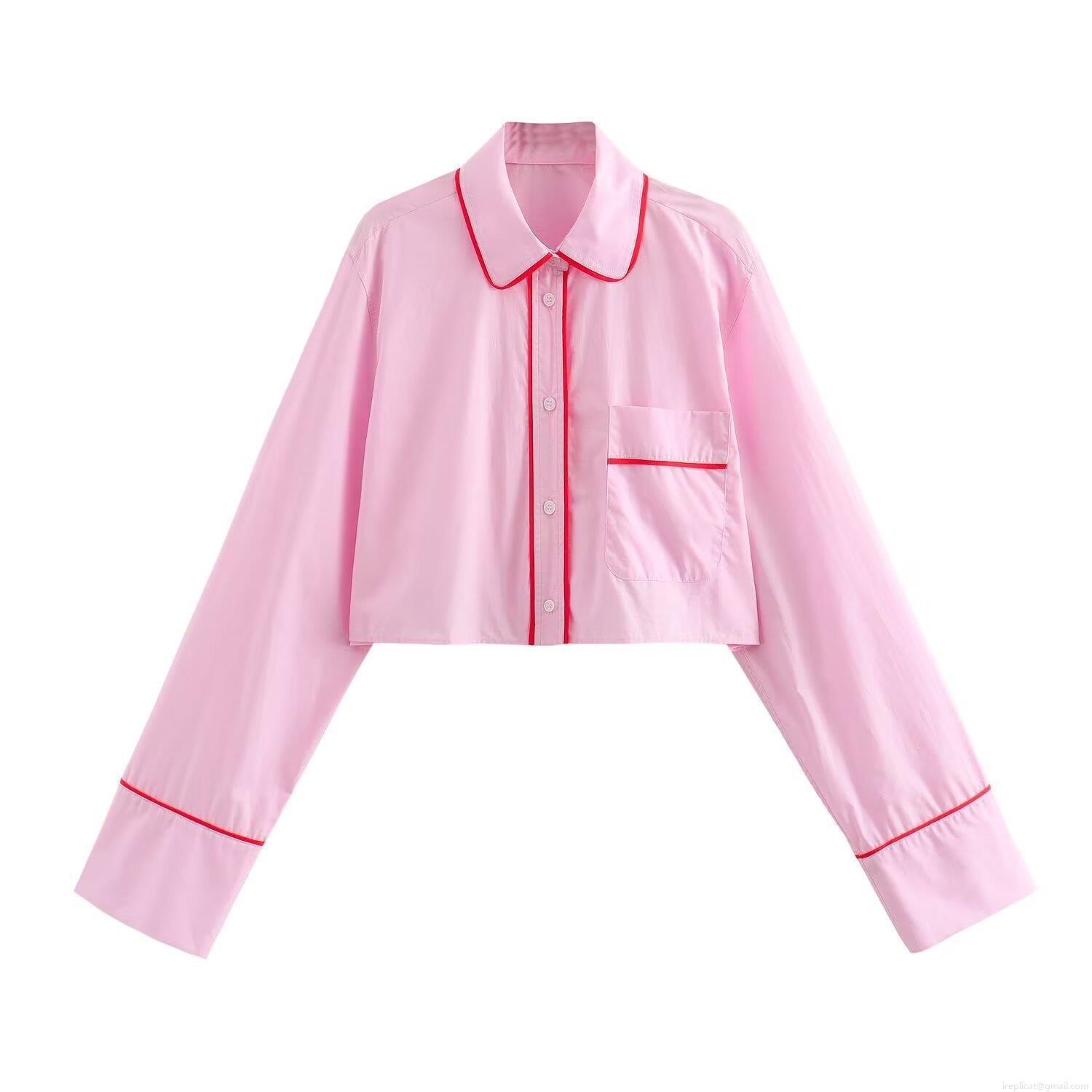 Women's Casual Pink Loungewear Set Contrast Piping Poplin Long Sleeve Cropped Shirt And High Waisted Straight Pants Pajama Set Fashion Streetwear Two Piece Set