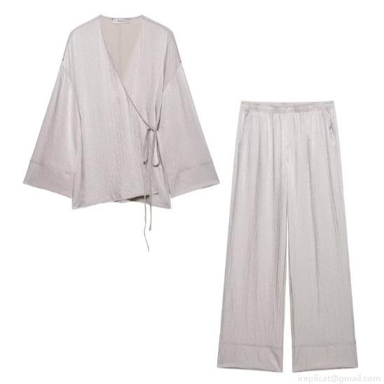 Women's Silver Grey Satin Pleated Two Piece Set Long Sleeve Kimono Wrap Top And Wide Leg Pants Casual Loungewear Pajama Outfit For Streetwear Women's Silver Grey Satin Pleated Two Piece Set Long Sleeve Kimono Wrap Top And Wide Leg Pants Casual Loungewear Pajama Outfit For Streetwear