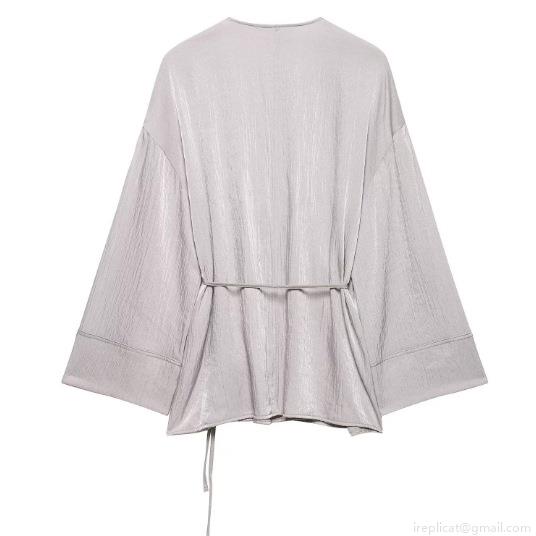 Women's Silver Grey Satin Pleated Two Piece Set Long Sleeve Kimono Wrap Top And Wide Leg Pants Casual Loungewear Pajama Outfit For Streetwear