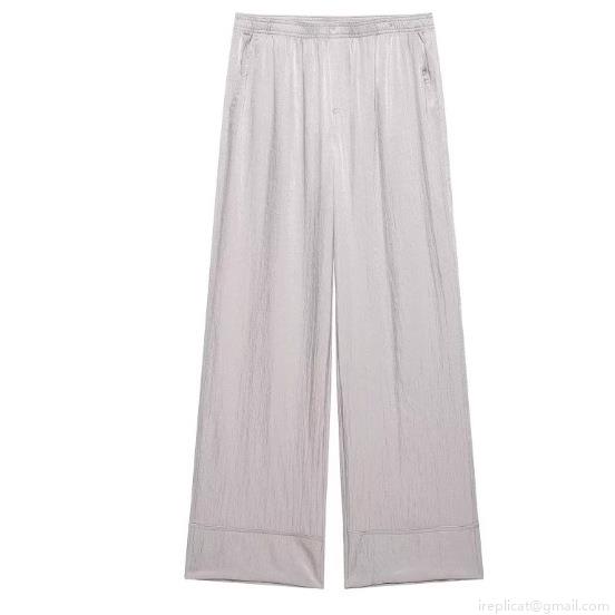 Women's Silver Grey Satin Pleated Two Piece Set Long Sleeve Kimono Wrap Top And Wide Leg Pants Casual Loungewear Pajama Outfit For Streetwear