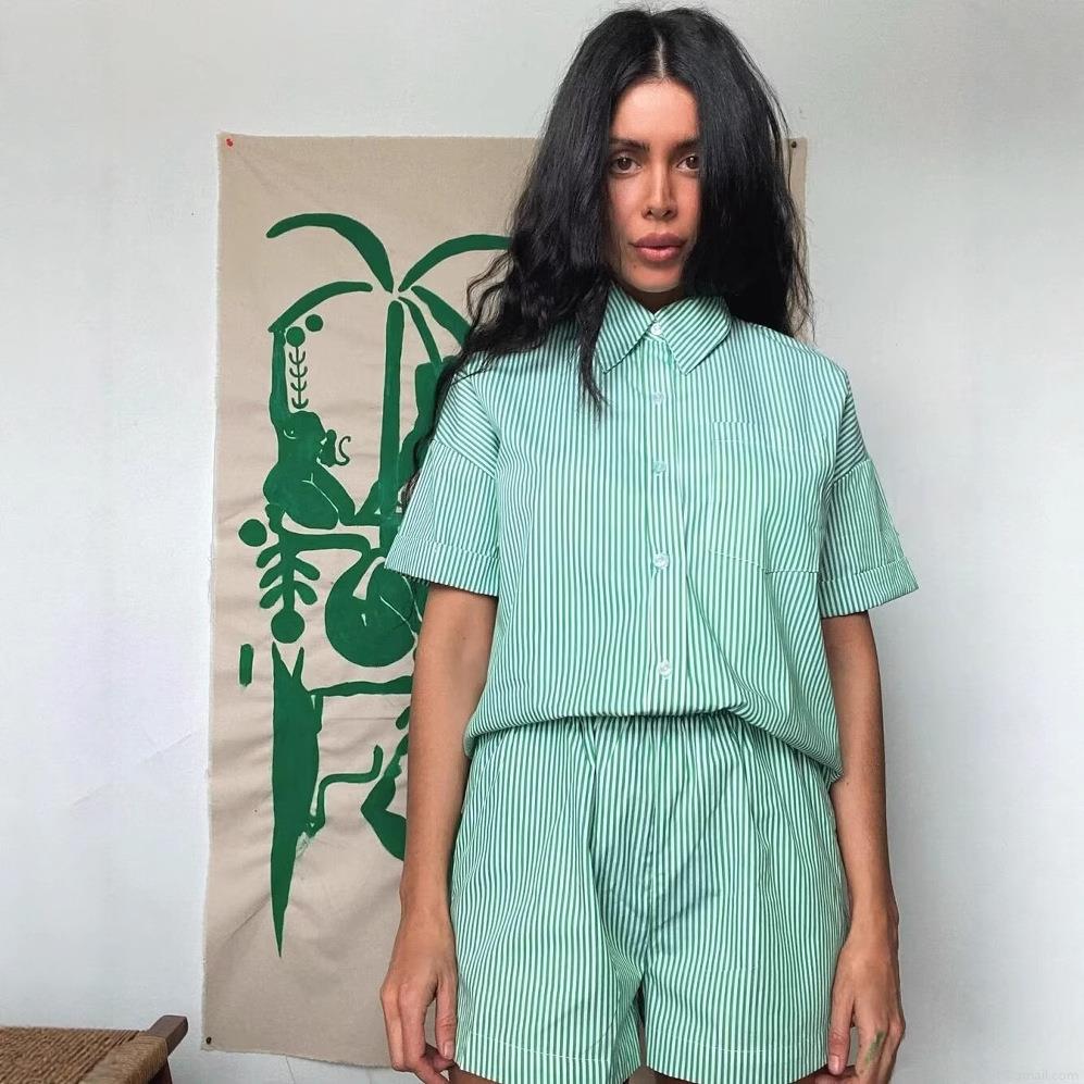 Women Casual Striped Shirt And Shorts Set 100% Polyester Long Sleeve Button Down Blouse High Waist Drawstring Shorts Summer Beach Loungewear Outfit