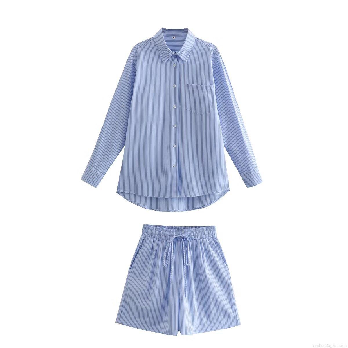 Women Casual Striped Shirt And Shorts Set 100% Polyester Long Sleeve Button Down Blouse High Waist Drawstring Shorts Summer Beach Loungewear Outfit