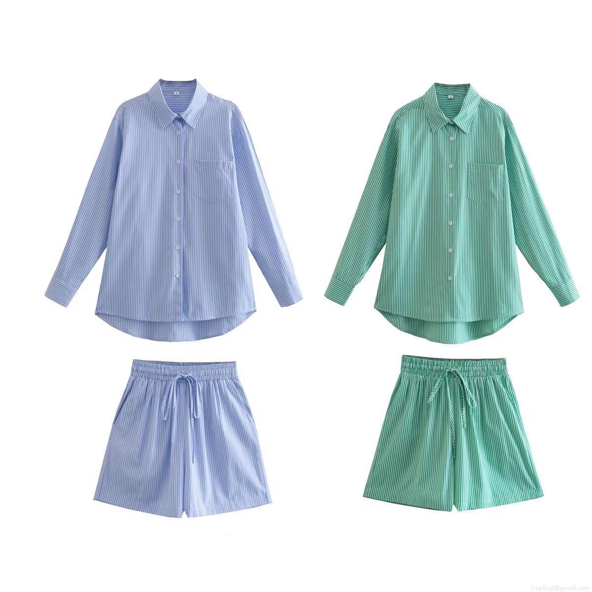 Women Casual Striped Shirt And Shorts Set 100% Polyester Long Sleeve Button Down Blouse High Waist Drawstring Shorts Summer Beach Loungewear Outfit