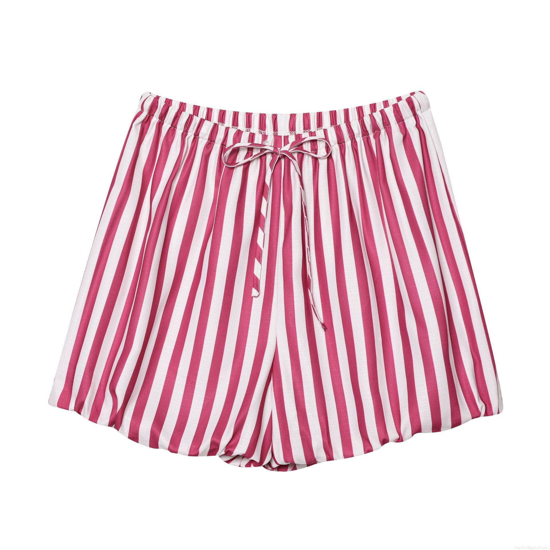 Women's Striped 100% Polyester Two Piece Set With Bow Tie Ruffle Puff Sleeve Top And Drawstring Waist Shorts Casual Loungewear Pajamas