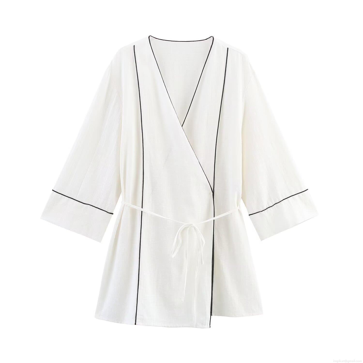 Women's Two Piece Loungewear Set Contrast Piping V Neck Wrap Top And High Waist Wide Leg Pants Casual Home Sleepwear Pajamas Set
