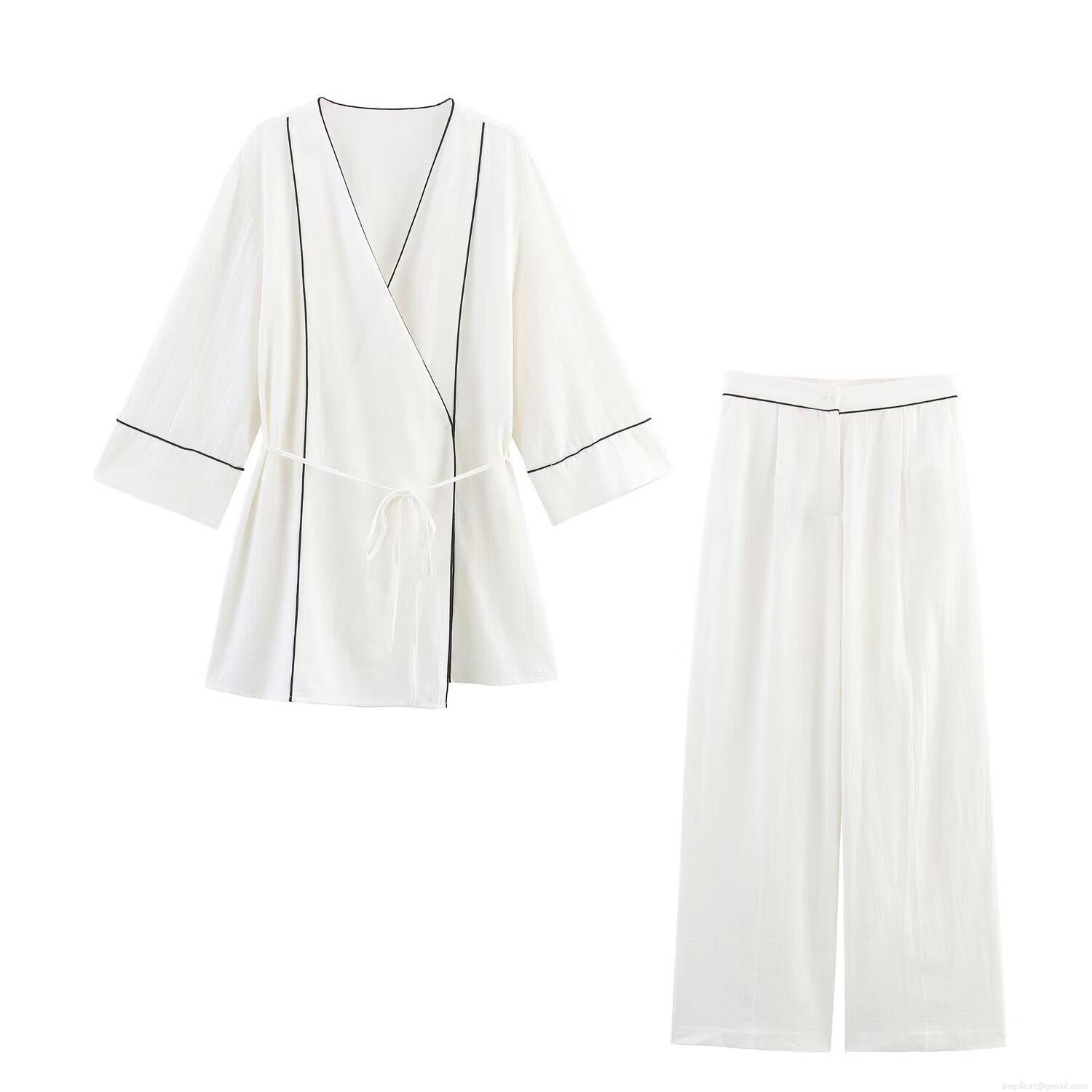 Women's Two Piece Loungewear Set Contrast Piping V Neck Wrap Top And High Waist Wide Leg Pants Casual Home Sleepwear Pajamas Set