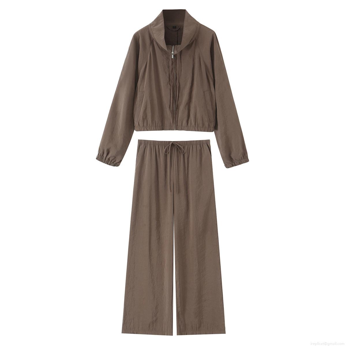 Women's Casual 2 Piece Outfits Micro Wrinkle Zip Up Hooded Jacket And High Waist Wide Leg Pants Set Streetwear Loungewear Tracksuit