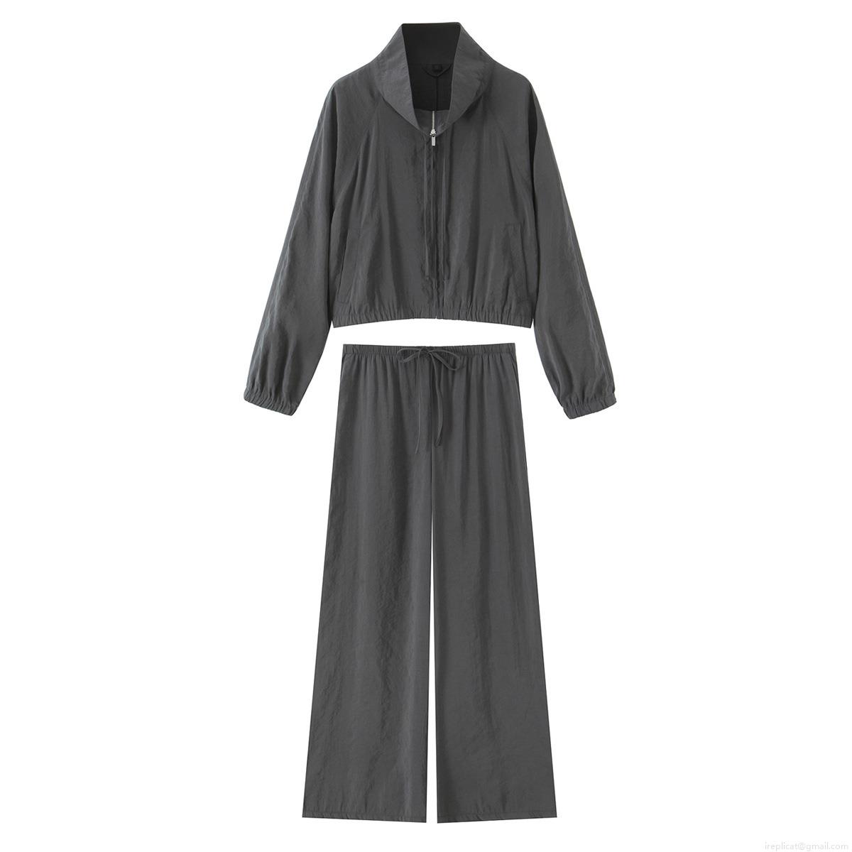 Women's Casual 2 Piece Outfits Micro Wrinkle Zip Up Hooded Jacket And High Waist Wide Leg Pants Set Streetwear Loungewear Tracksuit